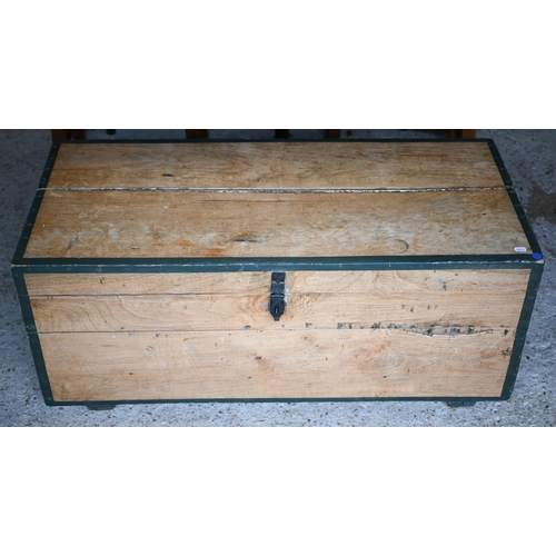 55 - An old part painted pine trunk, carrying handles to the sides, 109 cm x 49 cm x 46 cm h