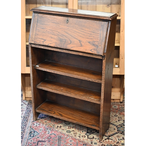 68 - A shallow oak bureau bookcase circa 1920s, 68 cm x 23 cm x 102 cm h