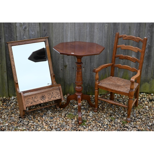 78 - An antique oak framed rope seat child's chair to/with a red walnut tripod table and a mirror backed ... 