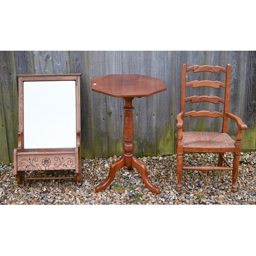 78 - An antique oak framed rope seat child's chair to/with a red walnut tripod table and a mirror backed ... 