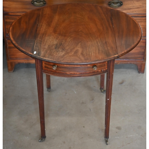 85 - A Georgian cross-banded mahogany drop leaf table, the oval top over a frieze drawer to one end, rais... 