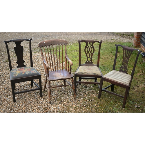 92 - #Two George III oak side chairs to/with a carver chair and an early 20th century carver (4)