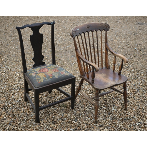 92 - #Two George III oak side chairs to/with a carver chair and an early 20th century carver (4)