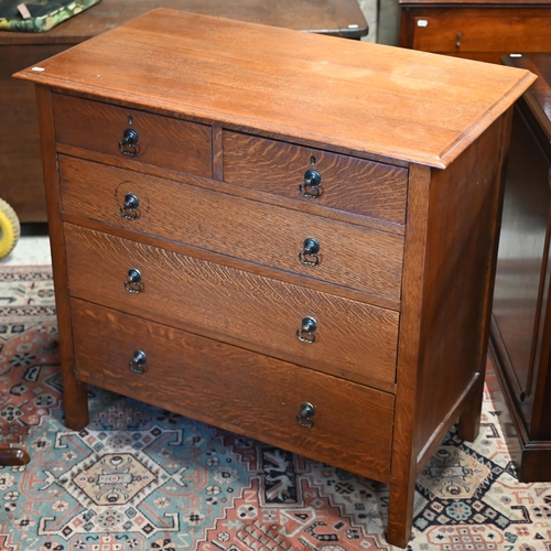 97 - An old oak chest of two short over three long graduated drawers, 91 cm x 50.5 cm x 87 cm h