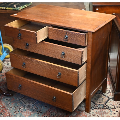 97 - An old oak chest of two short over three long graduated drawers, 91 cm x 50.5 cm x 87 cm h