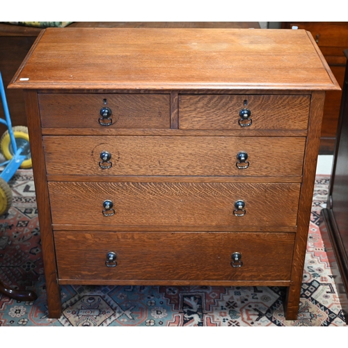 97 - An old oak chest of two short over three long graduated drawers, 91 cm x 50.5 cm x 87 cm h