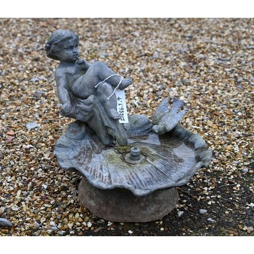 100A - A lead garden birdbath water feature with putti and bird on leaf/shell bowl