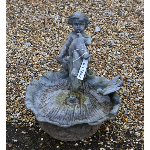 100A - A lead garden birdbath water feature with putti and bird on leaf/shell bowl