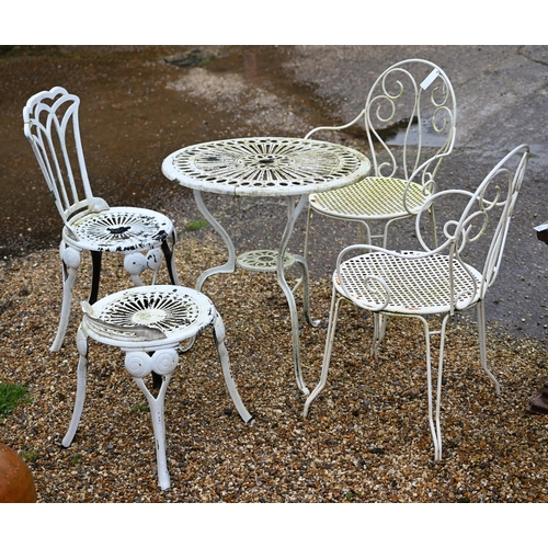 130 - A Victorian style painted aluminium circular terrace table to/w a pair of wrought metal orangery cha... 