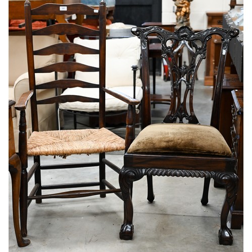 297 - #A mahogany Chippendale style side chair to/w a provincial ash ladderback elbow chair with rush seat... 