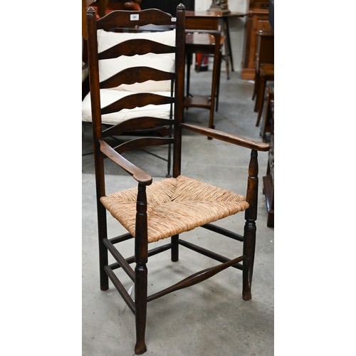 297 - #A mahogany Chippendale style side chair to/w a provincial ash ladderback elbow chair with rush seat... 