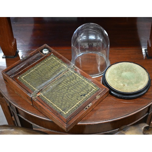 487 - A Victorian brass-bound walnut writing slope, 30 cm wide to/w a glass dome on ebonised plinth (2)