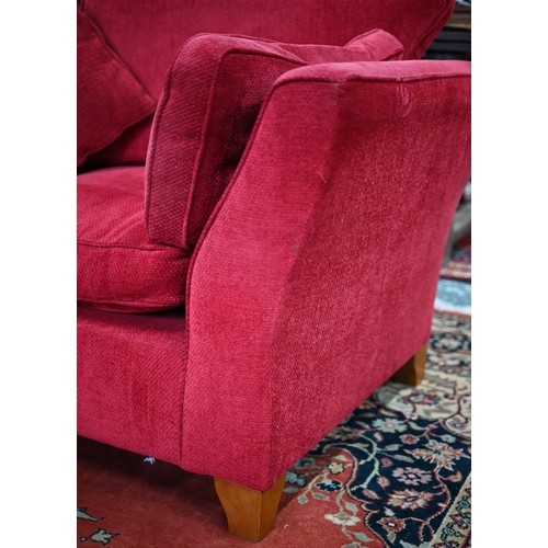 109 - A pair of modern red fabric 'Aldeburgh' two-seater sofas, 180 cm w x 95 cm d x 85 cm hSome fading an... 