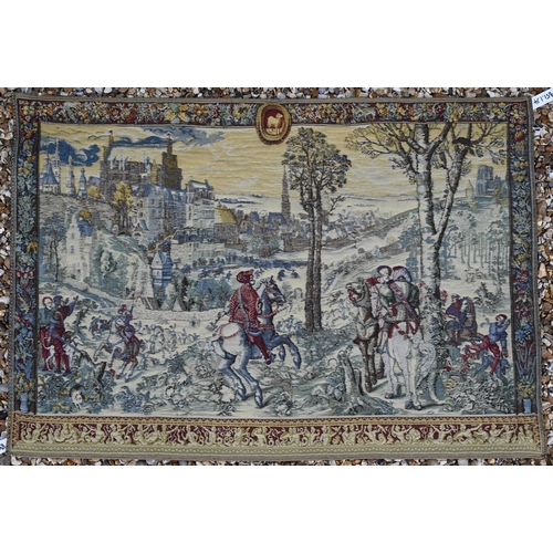 348 - Belgian machine-loomed tapestry wall hanging depicting a medieval hunting scene, 75 x 110cm