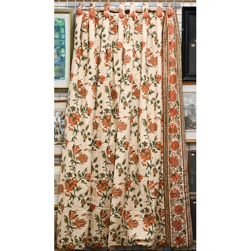 454 - A pair of floral interlined curtains, 220 cm drop x 100 cm wide to/w tiebacks and two similar Roman ... 