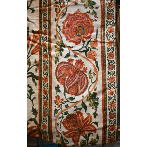 454 - A pair of floral interlined curtains, 220 cm drop x 100 cm wide to/w tiebacks and two similar Roman ... 