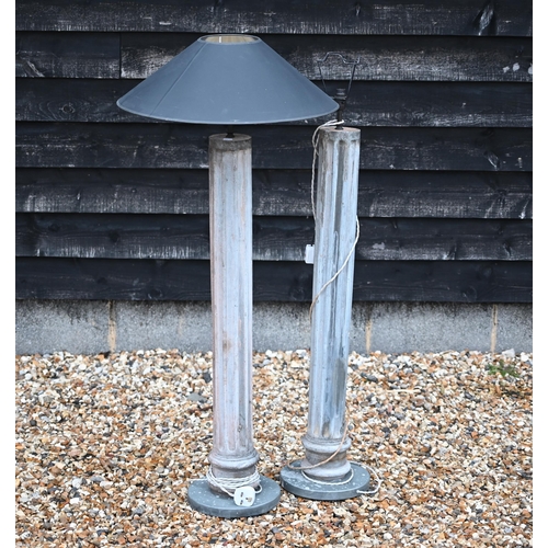 56 - A pair of tole classic column standard lamps, distressed stone grey painted finish, 120 cm high