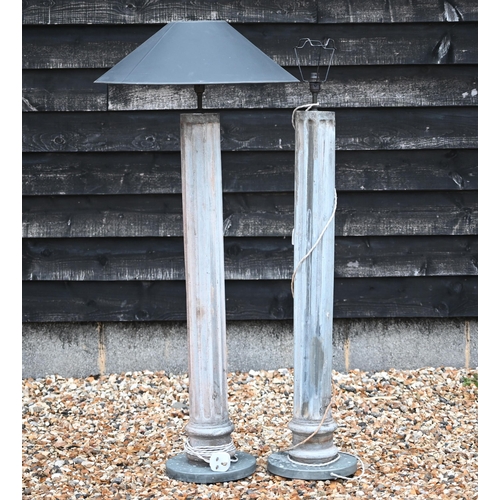 56 - A pair of tole classic column standard lamps, distressed stone grey painted finish, 120 cm high