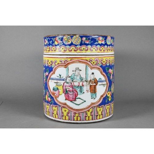 337 - A 19th century Chinese famille rose cylindrical jar and cover or caddy, painted in polychrome enamel... 