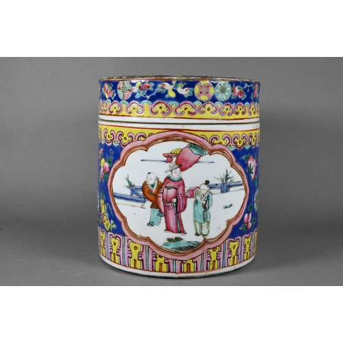 337 - A 19th century Chinese famille rose cylindrical jar and cover or caddy, painted in polychrome enamel... 