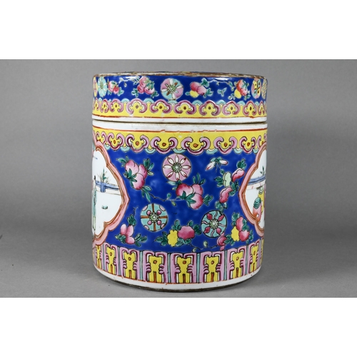 337 - A 19th century Chinese famille rose cylindrical jar and cover or caddy, painted in polychrome enamel... 