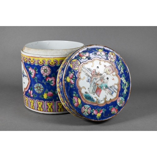 337 - A 19th century Chinese famille rose cylindrical jar and cover or caddy, painted in polychrome enamel... 