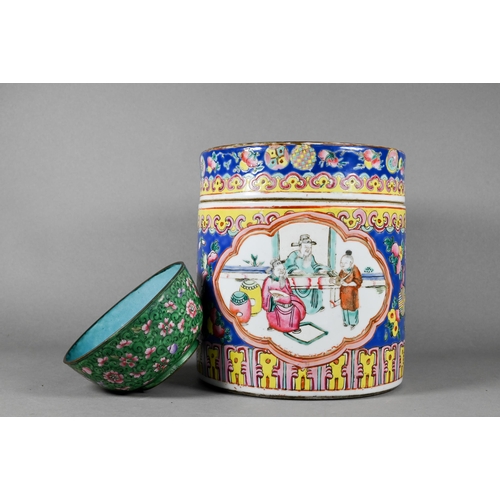 337 - A 19th century Chinese famille rose cylindrical jar and cover or caddy, painted in polychrome enamel... 