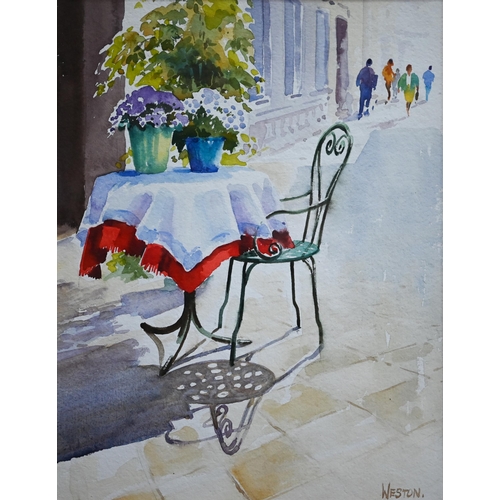 661 - David Weston (b 1942) - 'A table in Venice', watercolour, signed lower right, label to verso title a... 