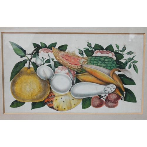 368 - Three 19th century Chinese Canton still life paintings depicting arrangements of vegetables, fruits ... 