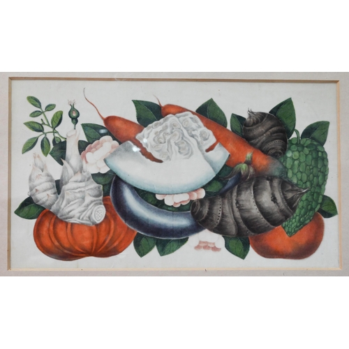 368 - Three 19th century Chinese Canton still life paintings depicting arrangements of vegetables, fruits ... 