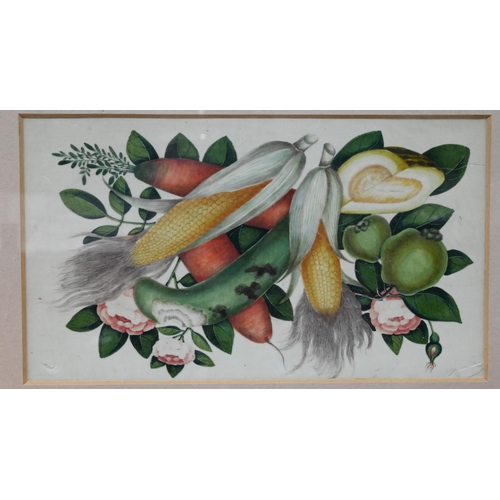 368 - Three 19th century Chinese Canton still life paintings depicting arrangements of vegetables, fruits ... 