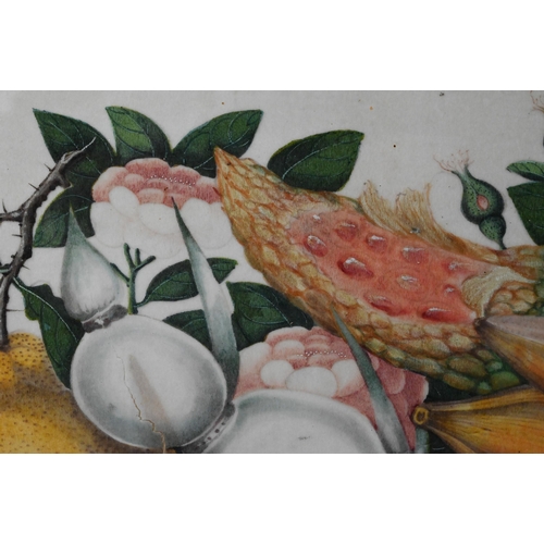 368 - Three 19th century Chinese Canton still life paintings depicting arrangements of vegetables, fruits ... 