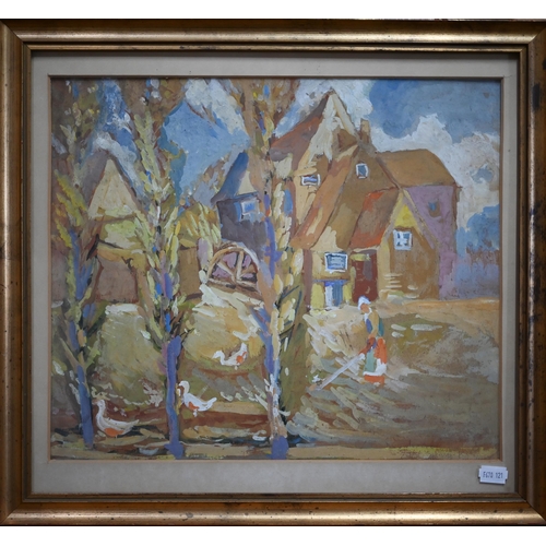 768 - Knowles - An impressionistic farmyard scene with lady hoeing, gouache, signed lower right, 32 x 38 c... 