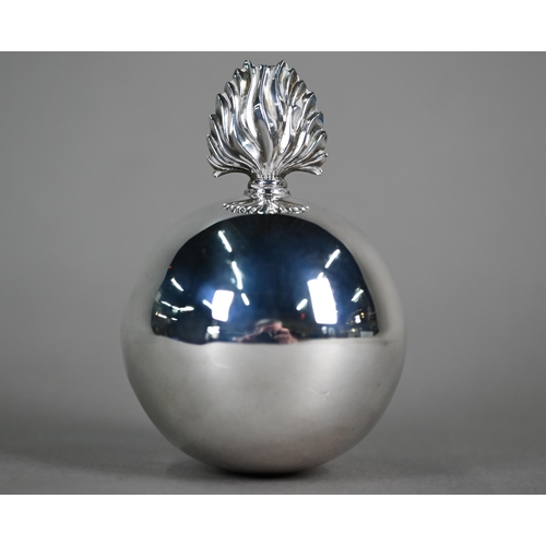 106 - A silver cigar table-lighter in the form of a traditional globular grenade with flambeau finial, Wil... 