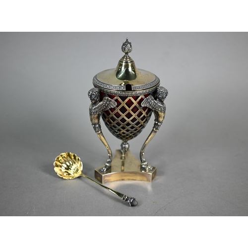 110A - A late Victorian Adam Revival silver gilt sucrier and cover with ruby glass liner, with foliate fini... 