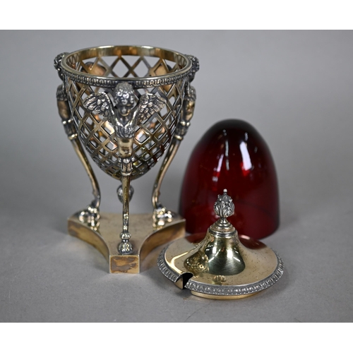 110A - A late Victorian Adam Revival silver gilt sucrier and cover with ruby glass liner, with foliate fini... 