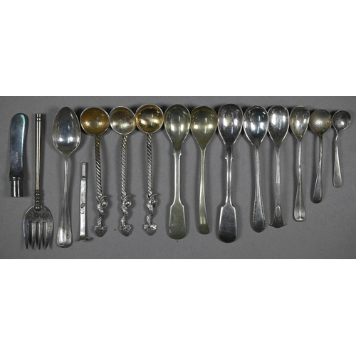 114 - A quantity of Victorian and later silver oddments, inc flatware and cutlery, condiments, etc, 14.5 o... 