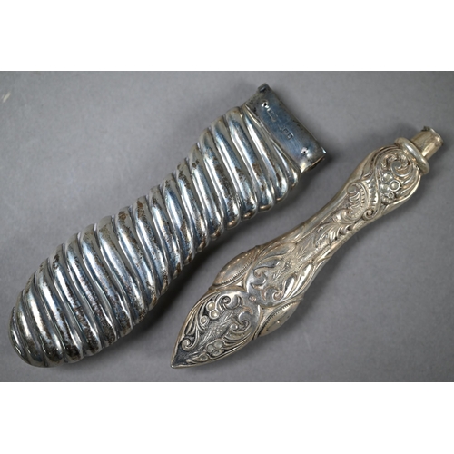 115 - An engine-turned silver hairbrush and mirror set, to/w a similar nail-buffer in glass pot (lacks pad... 