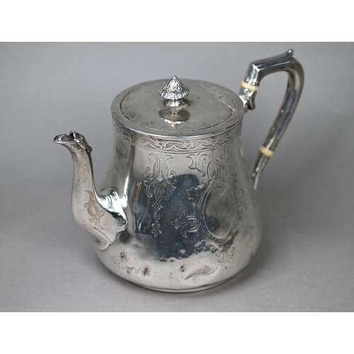 116 - A Victorian heavy quality silver teapot of squat baluster form with engraved decoration, ivory insul... 