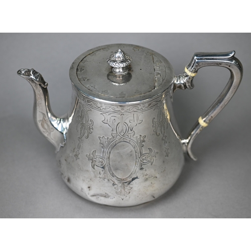 116 - A Victorian heavy quality silver teapot of squat baluster form with engraved decoration, ivory insul... 