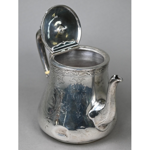 116 - A Victorian heavy quality silver teapot of squat baluster form with engraved decoration, ivory insul... 