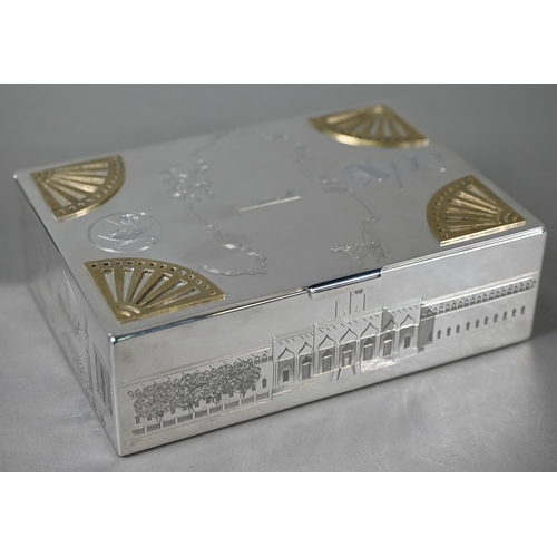 120 - A modern silver State of Qatar presentation cigarette box, engraved with map of Qatar, depictions of... 