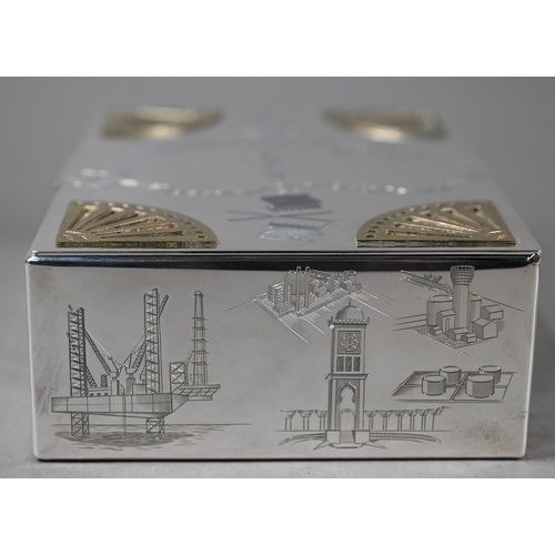 120 - A modern silver State of Qatar presentation cigarette box, engraved with map of Qatar, depictions of... 