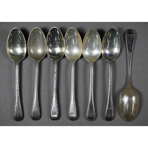 121 - A matched set of mostly Victorian silver bright-cut flatware, comprising twelve each table and desse... 