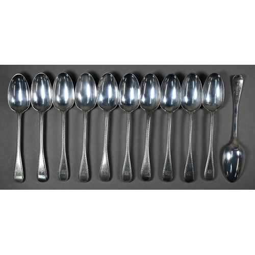 121 - A matched set of mostly Victorian silver bright-cut flatware, comprising twelve each table and desse... 