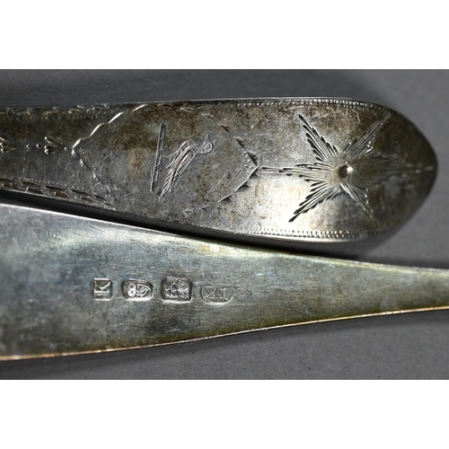 129 - A matched pair of George III Irish silver bright-cut tablespoons, James Keating (probably), Dublin 1... 