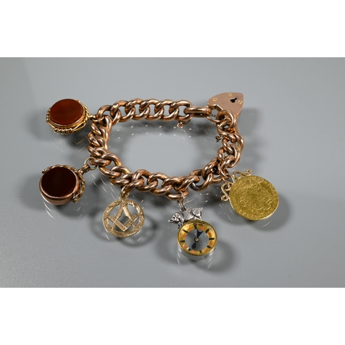 223 - A 9ct curb bracelet with various charms attached including George III guinea, bloodstone and corneli... 