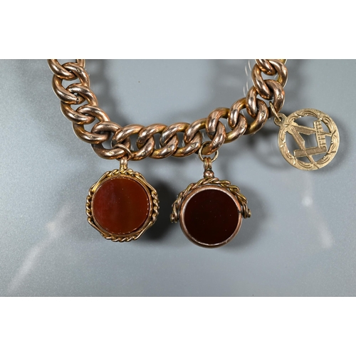 223 - A 9ct curb bracelet with various charms attached including George III guinea, bloodstone and corneli... 