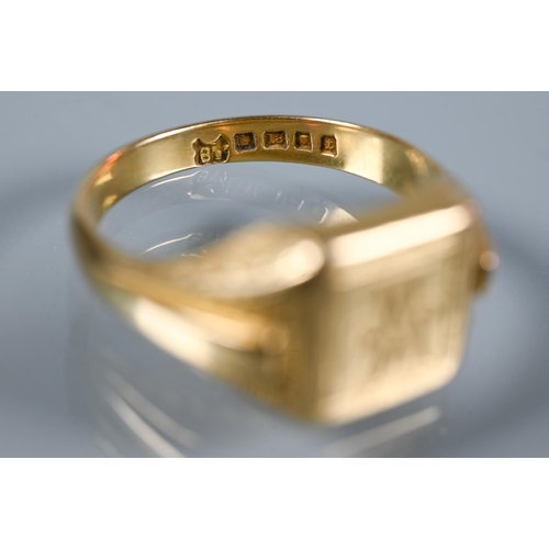 224 - An 18ct yellow gold signet ring with carved shoulders and monogrammed 'A' to face, size Y, approx 14... 