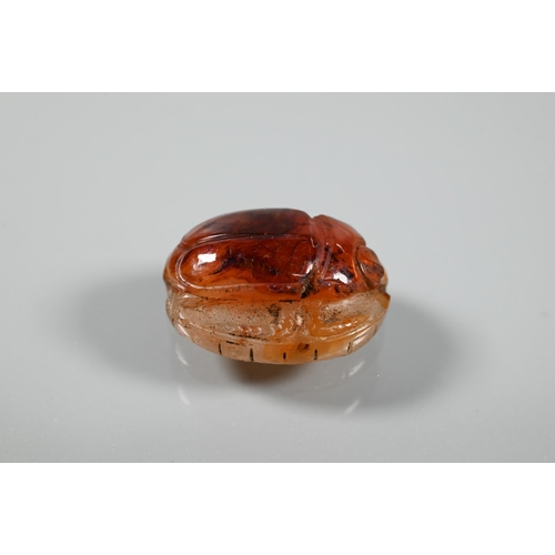 226 - An Etruscan cornelian carved scarab, the base with intaglio featuring fountain within laurel border,... 